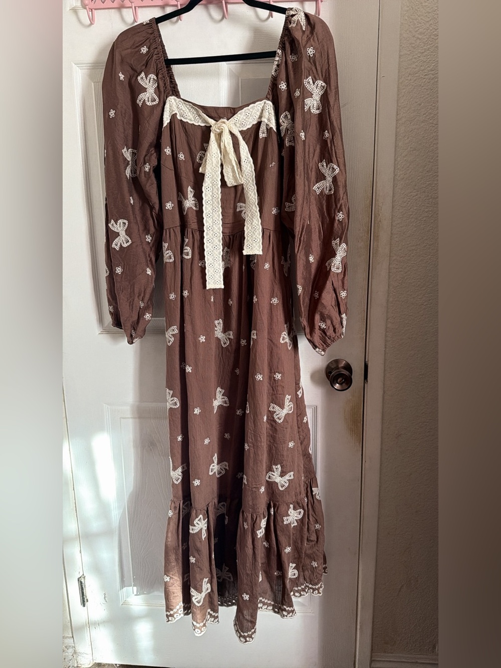 Bohemian Brown Bow Lace-Trim Maxi Dress